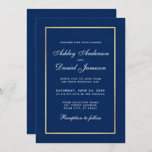 Elegant Modern Classic Blue Gold Wedding Invitation