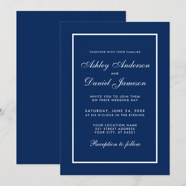 Elegant Modern Classic Blue Wedding Invitation (Front/Back)