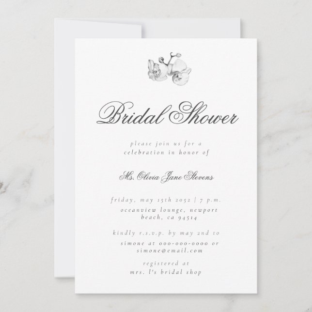 Elegant Modern Classic BW Art Floral Bridal Shower Invitation (Front)