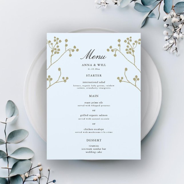 Elegant Modern Classic Ice Winter Wedding Large Menu (winter wedding large menu ice blue gold botanical berries elegant modern classic simple feminine)