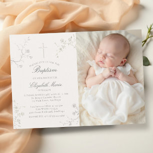 Elegant Modern Classic Wild Roses Photo Baptism Invitation