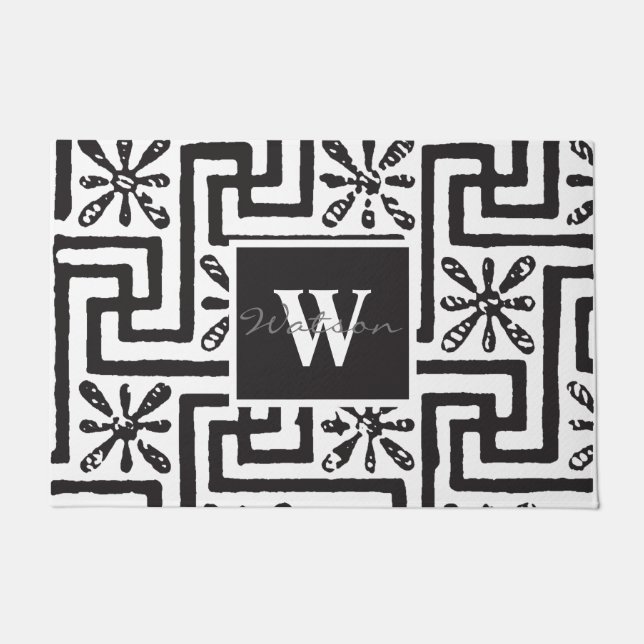 Elegant modern classy style black white monogram doormat (Front)