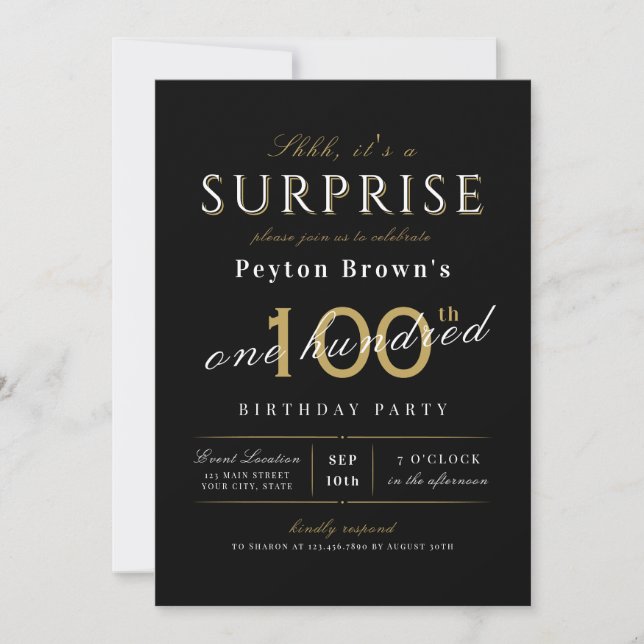 Elegant modern classy surprise 100th birthday invitation (Front)