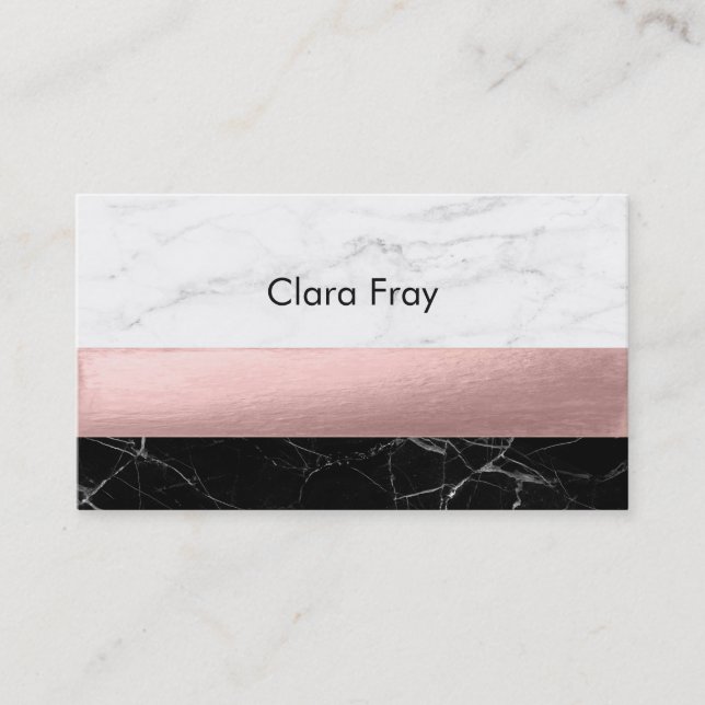 elegant modern clear black white marble rose gold business card (Front)