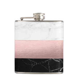elegant modern clear black white marble rose gold hip flask