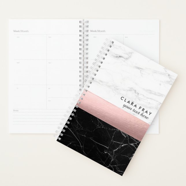 elegant modern clear black white marble rose gold planner (Display)