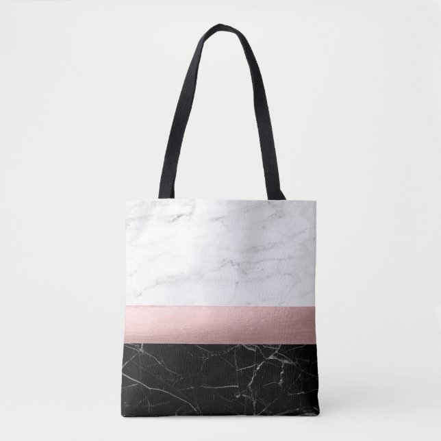 elegant modern clear black white marble rose gold tote bag (Front)