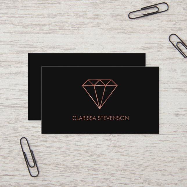 elegant modern clear faux rose gold diamond black business card (Front/Back In Situ)