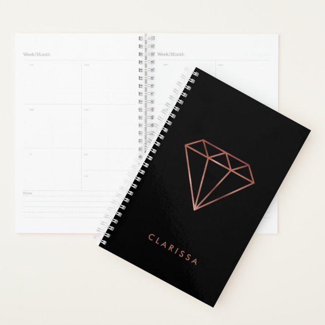 elegant modern clear faux rose gold diamond black planner (Display)