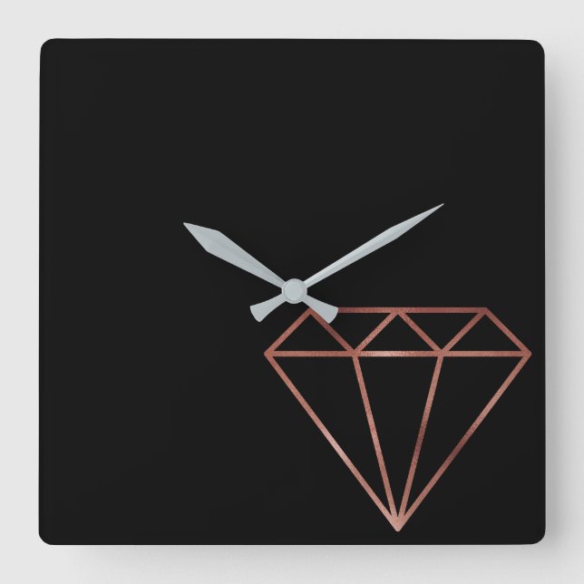 elegant modern clear faux rose gold diamond black square wall clock (Front)