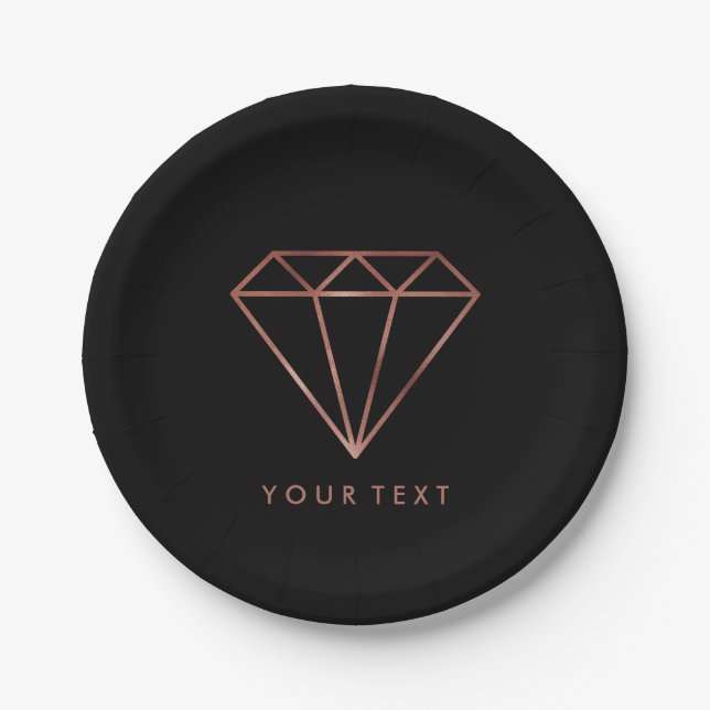 elegant modern clear rose gold diamond black paper plate (Front)