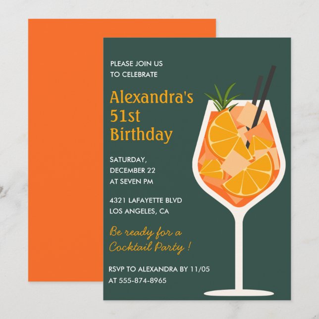 Elegant Modern Cocktail 51st birthday invitations  (Front/Back)