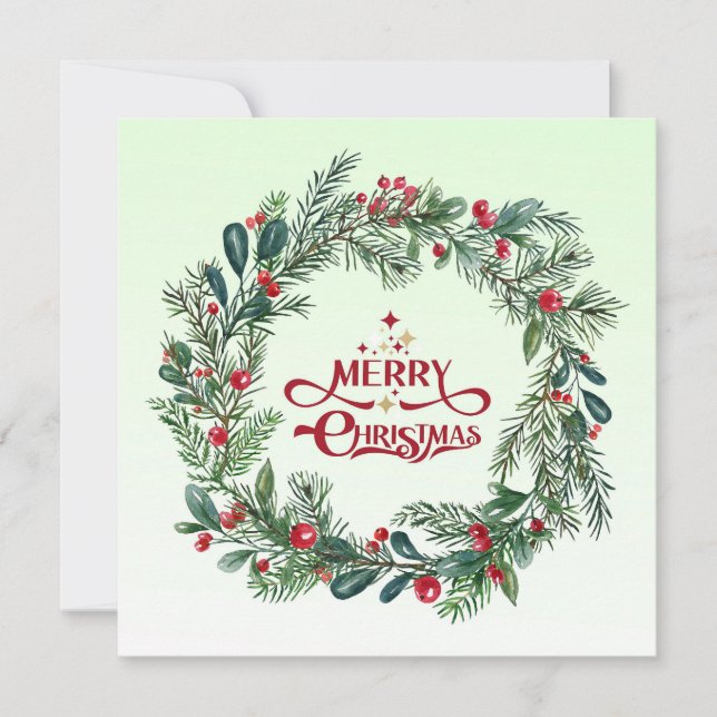 Elegant Modern Colourful Merry Christmas Wreath  Holiday Card (Front)