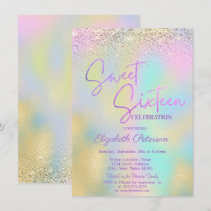 Elegant Modern Confetti Holographic Sweet 16 Invitation