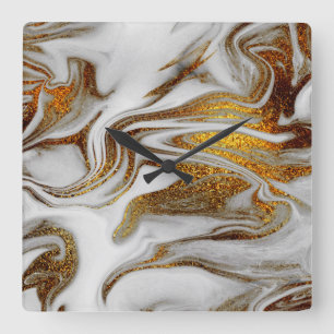 Elegant modern copper gold and white marble look square wall clock