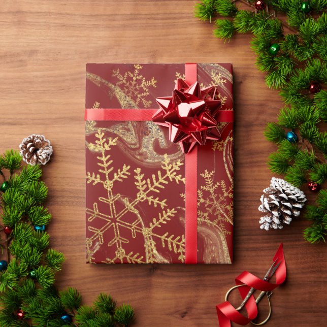 Elegant modern copper gold red marble snowflakes wrapping paper (Holiday Gift)