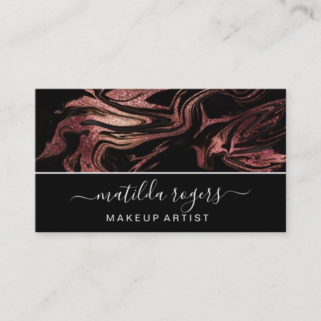 Elegant modern copper rose gold black marble business card (Front)