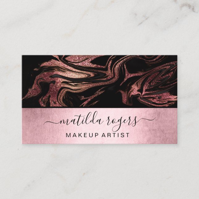 Elegant modern copper rose gold black marble business card (Front)