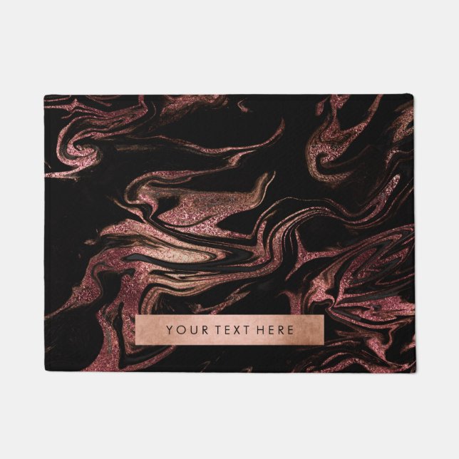 Elegant modern copper rose gold black marble look doormat (Front)