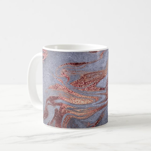 Elegant modern copper rose gold & blue marble coffee mug (Front Left)