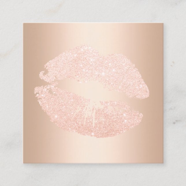 Elegant modern copper rose gold glitter lips square business card (Front)