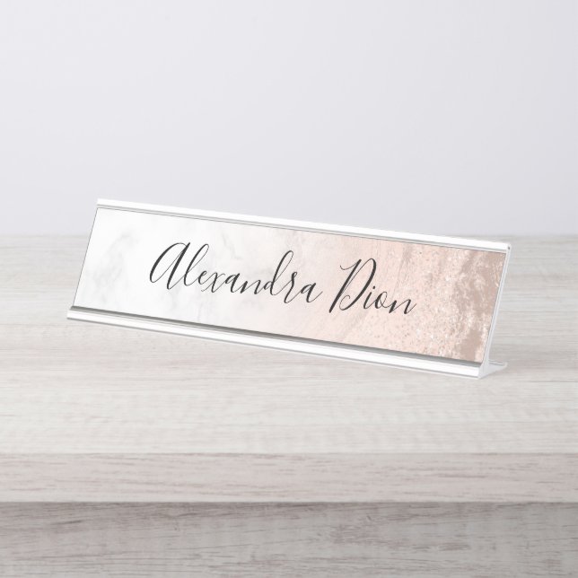 Elegant modern copper rose gold glitter marble desk name plate (Front)