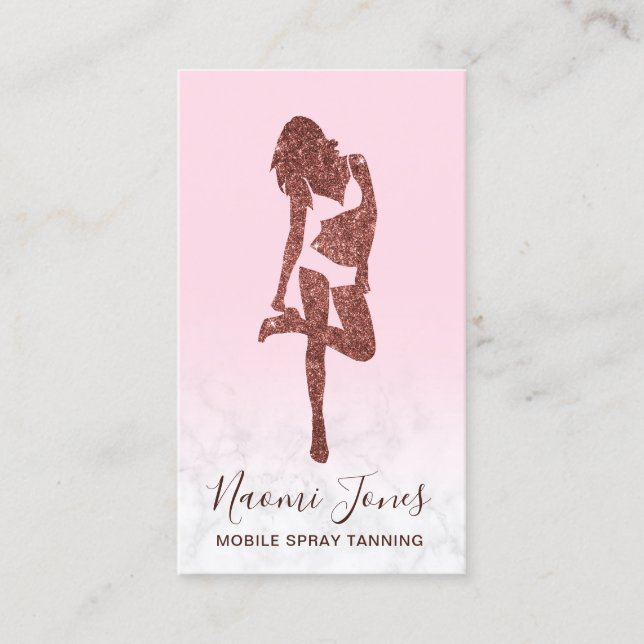 Elegant modern copper rose gold glitter spray tans business card (Front)