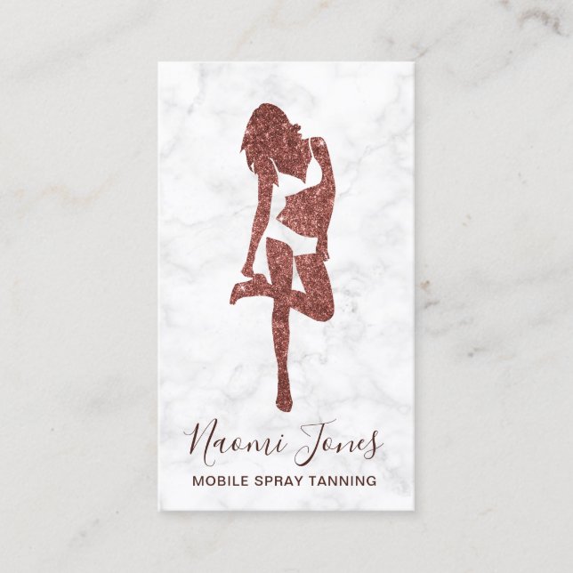 Elegant modern copper rose gold glitter spray tans business card (Front)