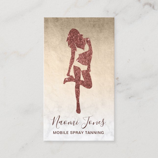 Elegant modern copper rose gold glitter spray tans business card (Front)
