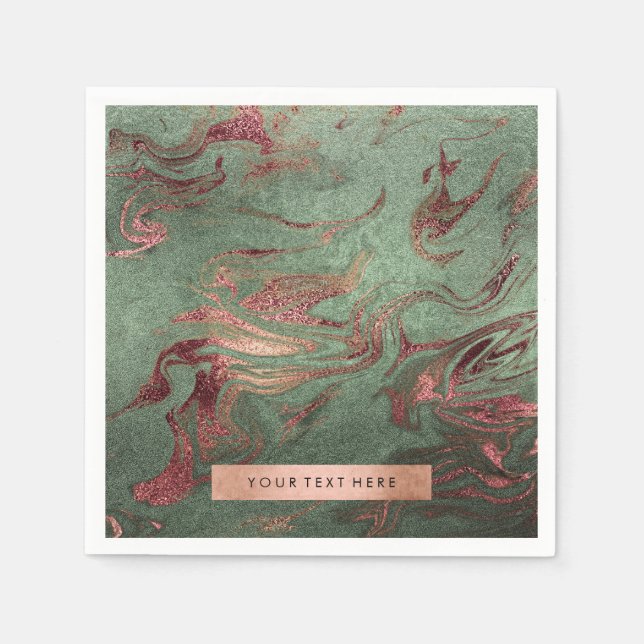 Elegant modern copper rose gold green marble look napkin (Front)