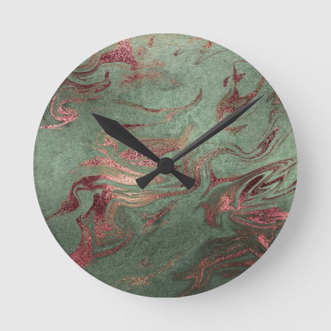 Elegant modern copper rose gold green marble look round clock (Front)