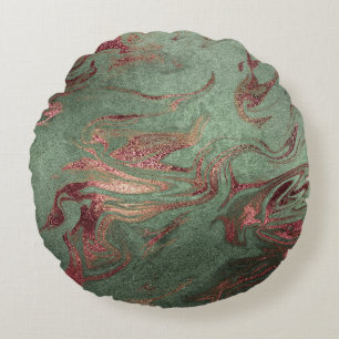 Elegant modern copper rose gold green marble look round cushion