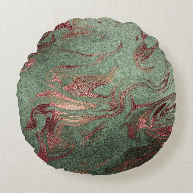 Elegant modern copper rose gold green marble look round cushion (Front)