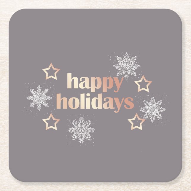 Elegant modern copper rose gold Happy Holidays Square Paper Coaster (Front)