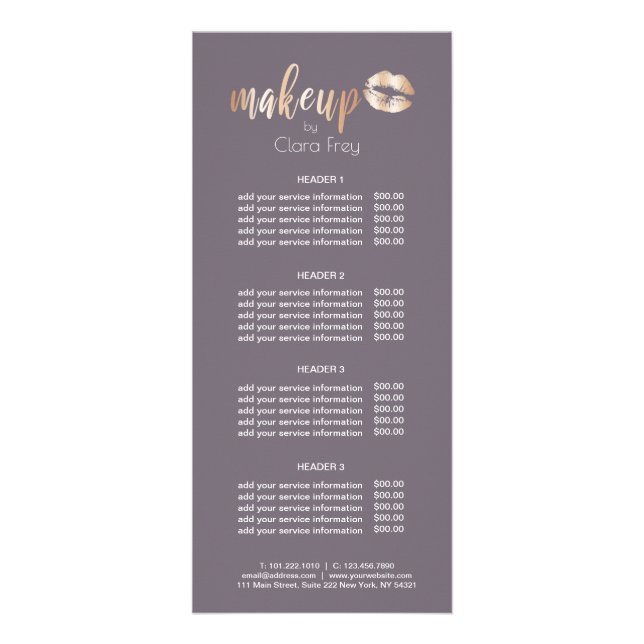 Elegant modern copper rose gold lips and makeup rack card (Front)
