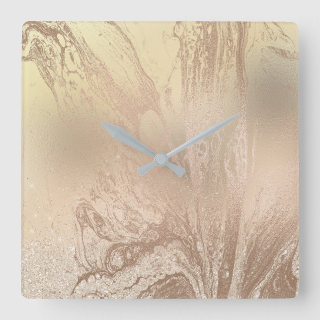 Elegant modern copper rose gold marble glitter square wall clock (Front)