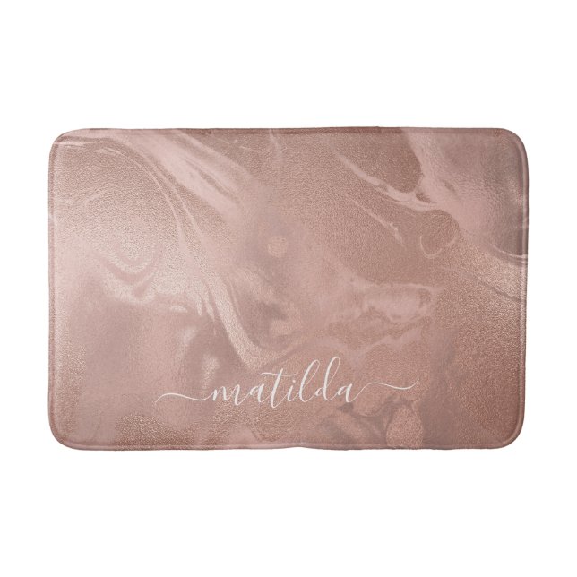 Elegant modern copper rose gold marble look bath mat (Front)