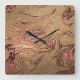 Elegant modern copper rose gold marble look square wall clock