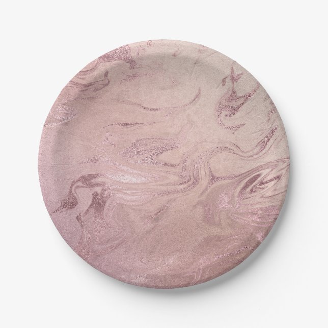 Elegant modern copper rose gold pink marble look paper plate (Front)