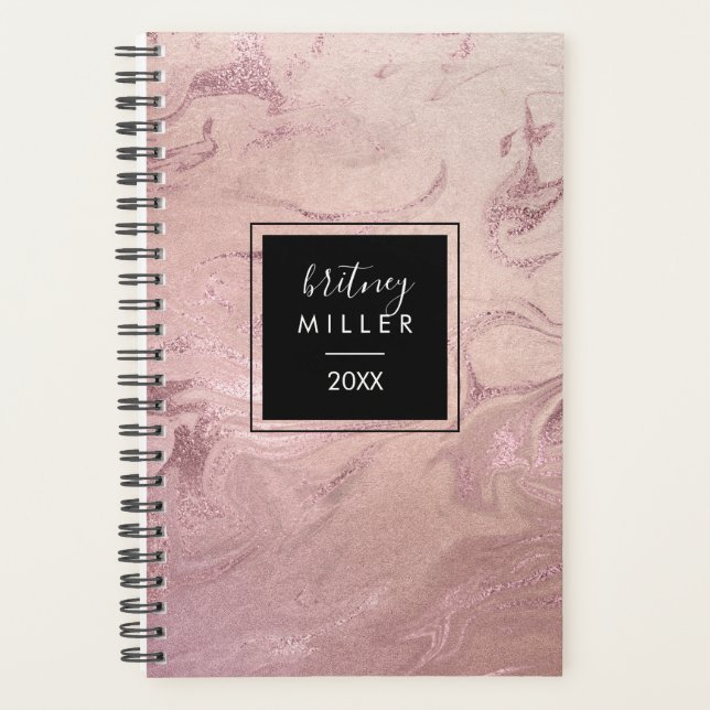 Elegant modern copper rose gold pink marble look planner (Front)