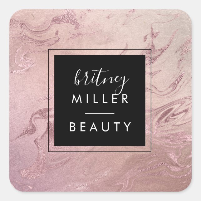 Elegant modern copper rose gold pink marble look square sticker (Front)