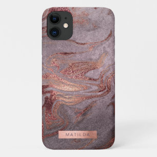 Elegant modern copper rose gold purple marble look iPhone 11 case