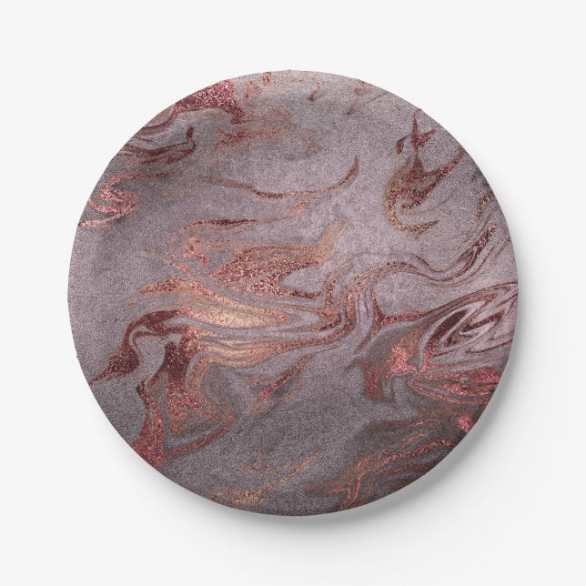 Elegant modern copper rose gold purple marble look paper plate (Front)