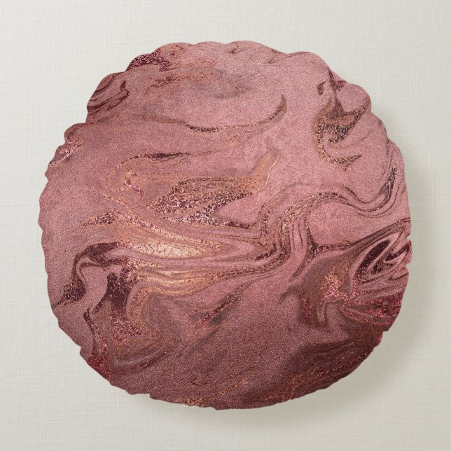 Elegant modern copper rose gold & red marble look round cushion (Front)