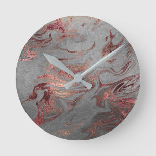 Elegant modern copper rose gold silver marble look round clock