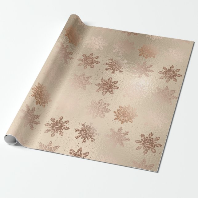 Elegant modern copper rose gold snowflake pattern wrapping paper (Unrolled)