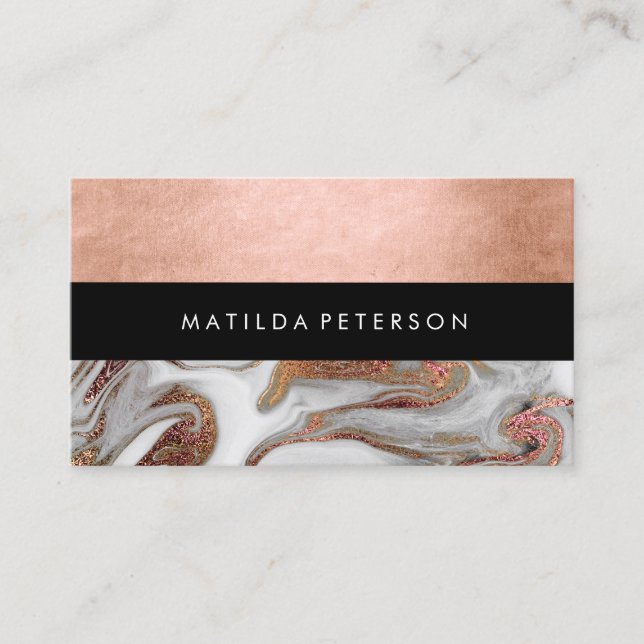Elegant modern copper rose gold white marble business card (Front)