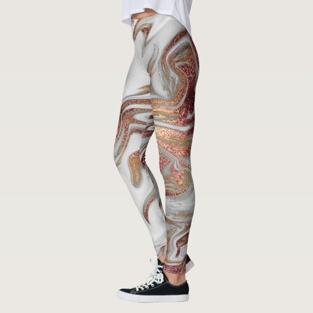 Elegant modern copper rose gold white marble look leggings (Left)