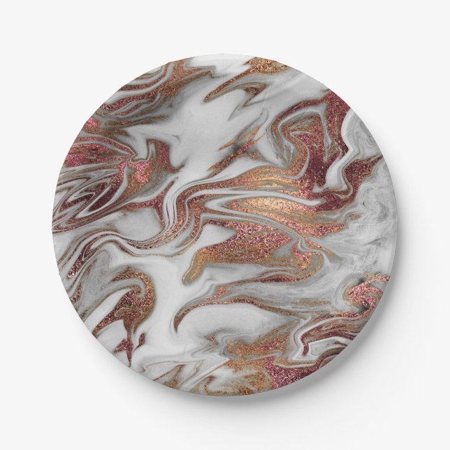 Elegant modern copper rose gold white marble look paper plate (Front)