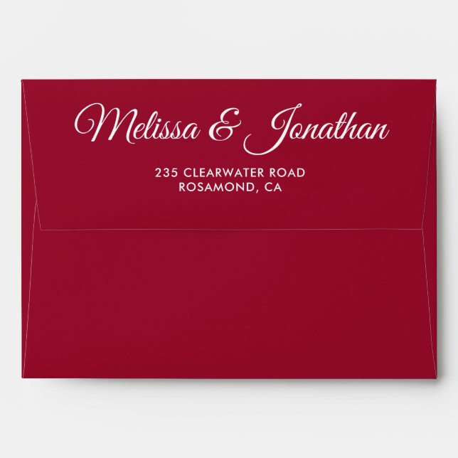 Elegant modern Crimson red white script wedding Envelope (Back (Top Flap))